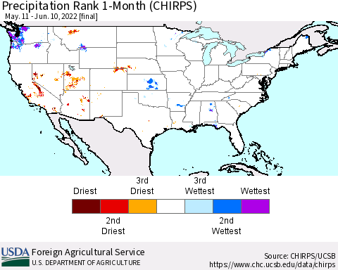 United States Precipitation Rank since 1981, 1-Month (CHIRPS) Thematic Map For 5/11/2022 - 6/10/2022