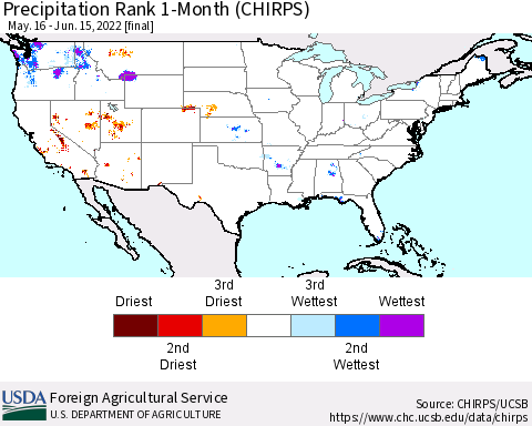 United States Precipitation Rank since 1981, 1-Month (CHIRPS) Thematic Map For 5/16/2022 - 6/15/2022
