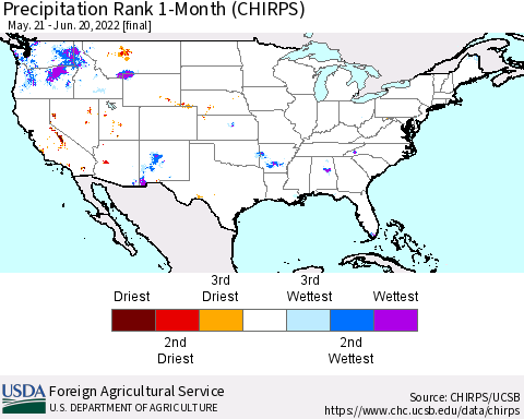 United States Precipitation Rank 1-Month (CHIRPS) Thematic Map For 5/21/2022 - 6/20/2022