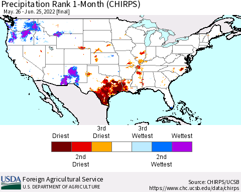 United States Precipitation Rank since 1981, 1-Month (CHIRPS) Thematic Map For 5/26/2022 - 6/25/2022
