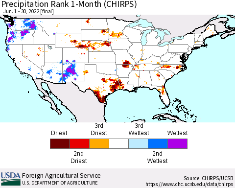 United States Precipitation Rank 1-Month (CHIRPS) Thematic Map For 6/1/2022 - 6/30/2022