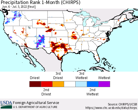 United States Precipitation Rank since 1981, 1-Month (CHIRPS) Thematic Map For 6/6/2022 - 7/5/2022
