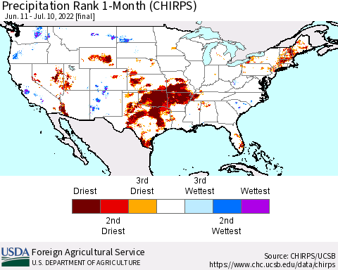 United States Precipitation Rank 1-Month (CHIRPS) Thematic Map For 6/11/2022 - 7/10/2022