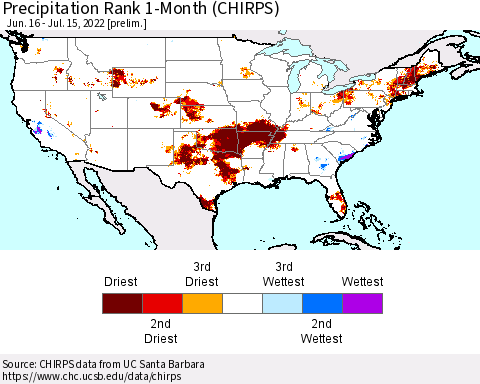 United States Precipitation Rank 1-Month (CHIRPS) Thematic Map For 6/16/2022 - 7/15/2022