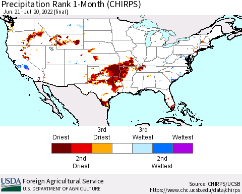 United States Precipitation Rank 1-Month (CHIRPS) Thematic Map For 6/21/2022 - 7/20/2022