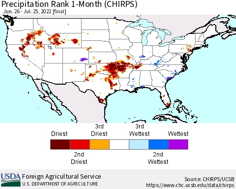 United States Precipitation Rank 1-Month (CHIRPS) Thematic Map For 6/26/2022 - 7/25/2022