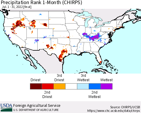 United States Precipitation Rank 1-Month (CHIRPS) Thematic Map For 7/1/2022 - 7/31/2022