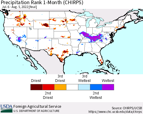 United States Precipitation Rank since 1981, 1-Month (CHIRPS) Thematic Map For 7/6/2022 - 8/5/2022