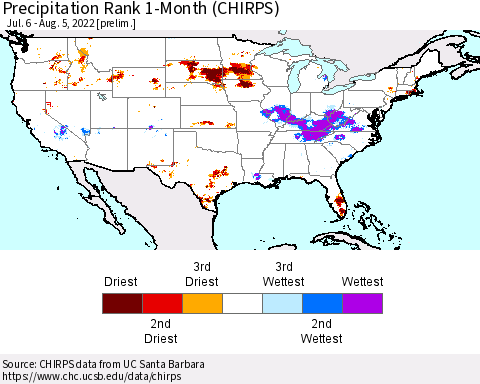 United States Precipitation Rank 1-Month (CHIRPS) Thematic Map For 7/6/2022 - 8/5/2022