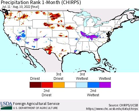 United States Precipitation Rank since 1981, 1-Month (CHIRPS) Thematic Map For 7/11/2022 - 8/10/2022