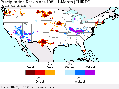 United States Precipitation Rank since 1981, 1-Month (CHIRPS) Thematic Map For 7/16/2022 - 8/15/2022