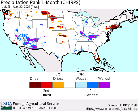United States Precipitation Rank since 1981, 1-Month (CHIRPS) Thematic Map For 7/21/2022 - 8/20/2022