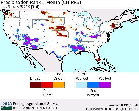 United States Precipitation Rank since 1981, 1-Month (CHIRPS) Thematic Map For 7/26/2022 - 8/25/2022