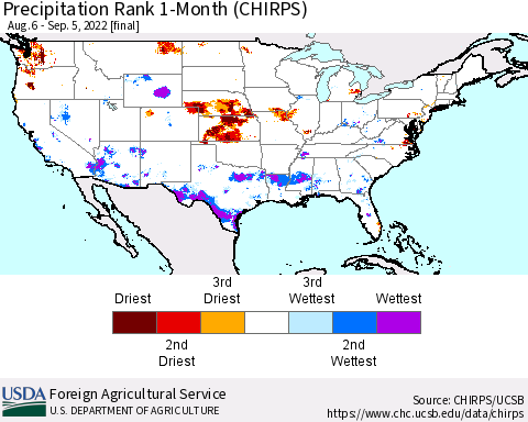 United States Precipitation Rank since 1981, 1-Month (CHIRPS) Thematic Map For 8/6/2022 - 9/5/2022