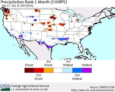 United States Precipitation Rank since 1981, 1-Month (CHIRPS) Thematic Map For 8/11/2022 - 9/10/2022