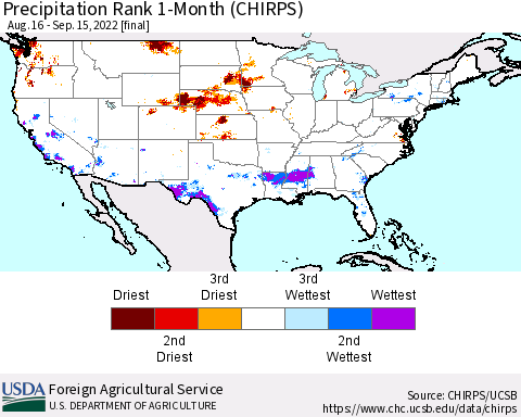 United States Precipitation Rank since 1981, 1-Month (CHIRPS) Thematic Map For 8/16/2022 - 9/15/2022