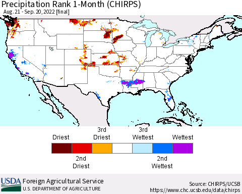 United States Precipitation Rank since 1981, 1-Month (CHIRPS) Thematic Map For 8/21/2022 - 9/20/2022