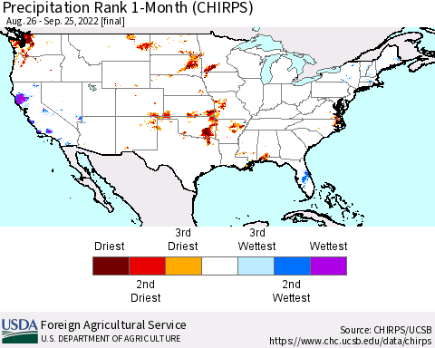 United States Precipitation Rank since 1981, 1-Month (CHIRPS) Thematic Map For 8/26/2022 - 9/25/2022