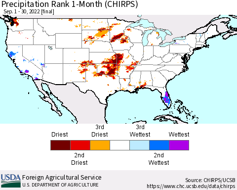 United States Precipitation Rank 1-Month (CHIRPS) Thematic Map For 9/1/2022 - 9/30/2022