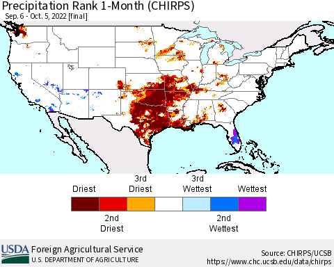 United States Precipitation Rank since 1981, 1-Month (CHIRPS) Thematic Map For 9/6/2022 - 10/5/2022