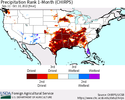 United States Precipitation Rank 1-Month (CHIRPS) Thematic Map For 9/11/2022 - 10/10/2022