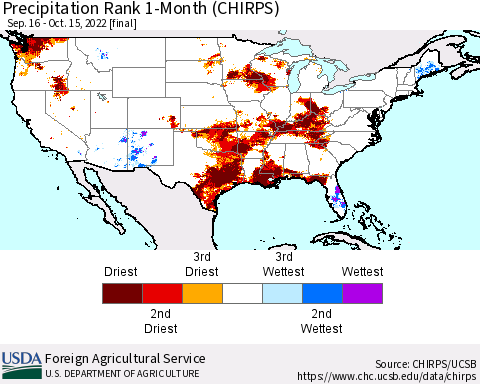 United States Precipitation Rank since 1981, 1-Month (CHIRPS) Thematic Map For 9/16/2022 - 10/15/2022
