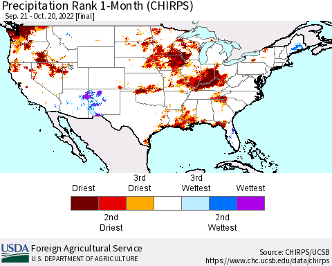 United States Precipitation Rank since 1981, 1-Month (CHIRPS) Thematic Map For 9/21/2022 - 10/20/2022