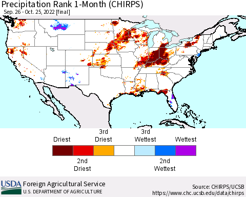 United States Precipitation Rank 1-Month (CHIRPS) Thematic Map For 9/26/2022 - 10/25/2022