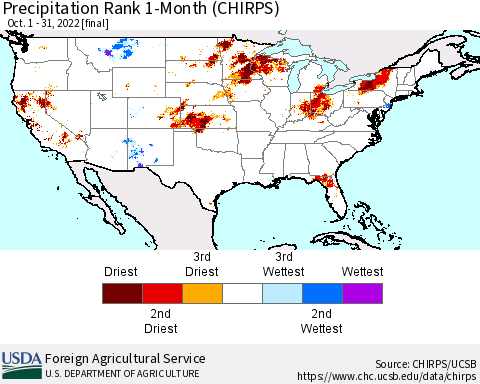United States Precipitation Rank since 1981, 1-Month (CHIRPS) Thematic Map For 10/1/2022 - 10/31/2022