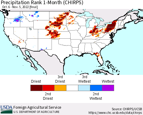 United States Precipitation Rank since 1981, 1-Month (CHIRPS) Thematic Map For 10/6/2022 - 11/5/2022