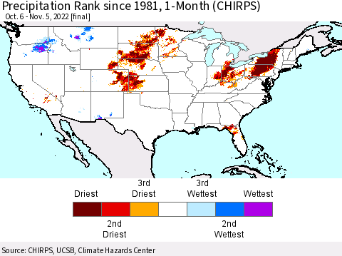 United States Precipitation Rank since 1981, 1-Month (CHIRPS) Thematic Map For 10/6/2022 - 11/5/2022