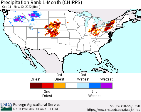 United States Precipitation Rank since 1981, 1-Month (CHIRPS) Thematic Map For 10/11/2022 - 11/10/2022