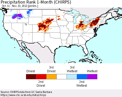 United States Precipitation Rank 1-Month (CHIRPS) Thematic Map For 10/11/2022 - 11/10/2022