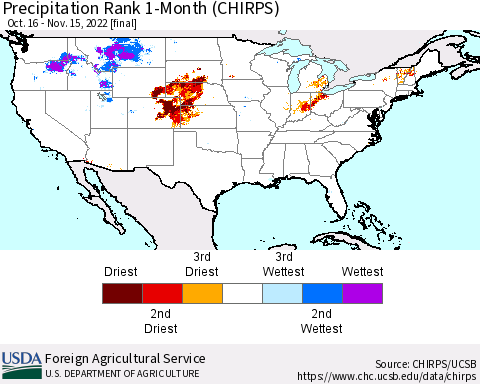 United States Precipitation Rank 1-Month (CHIRPS) Thematic Map For 10/16/2022 - 11/15/2022