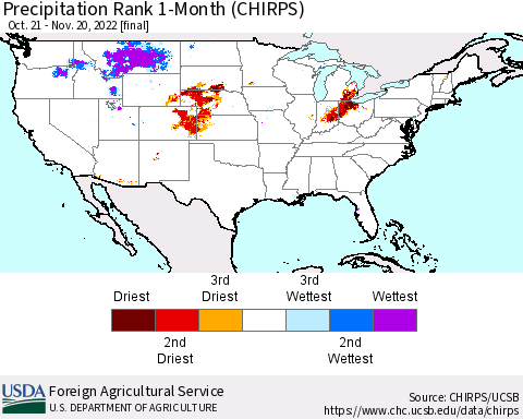 United States Precipitation Rank since 1981, 1-Month (CHIRPS) Thematic Map For 10/21/2022 - 11/20/2022