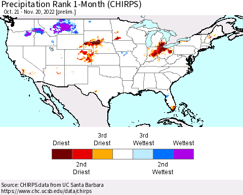 United States Precipitation Rank 1-Month (CHIRPS) Thematic Map For 10/21/2022 - 11/20/2022
