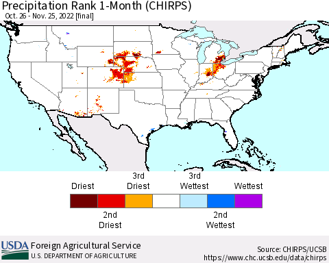 United States Precipitation Rank since 1981, 1-Month (CHIRPS) Thematic Map For 10/26/2022 - 11/25/2022