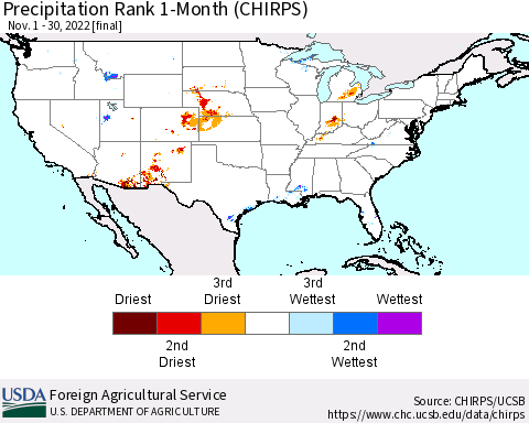 United States Precipitation Rank 1-Month (CHIRPS) Thematic Map For 11/1/2022 - 11/30/2022