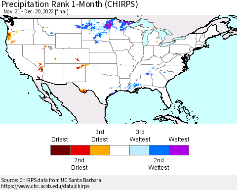 United States Precipitation Rank 1-Month (CHIRPS) Thematic Map For 11/21/2022 - 12/20/2022