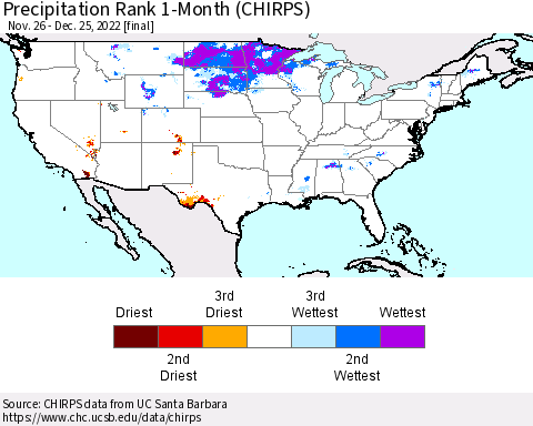 United States Precipitation Rank since 1981, 1-Month (CHIRPS) Thematic Map For 11/26/2022 - 12/25/2022