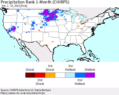United States Precipitation Rank since 1981, 1-Month (CHIRPS) Thematic Map For 12/1/2022 - 12/31/2022