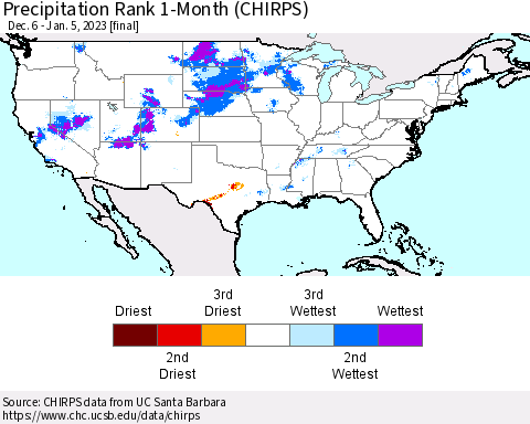 United States Precipitation Rank 1-Month (CHIRPS) Thematic Map For 12/6/2022 - 1/5/2023