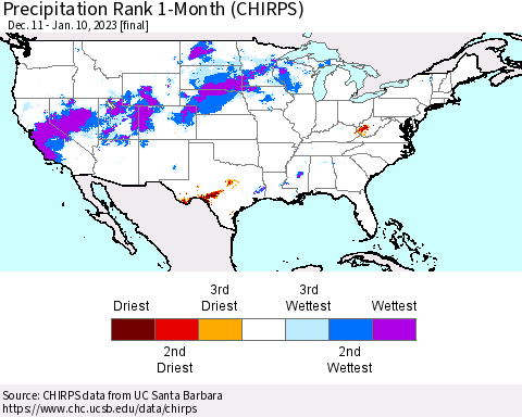 United States Precipitation Rank since 1981, 1-Month (CHIRPS) Thematic Map For 12/11/2022 - 1/10/2023