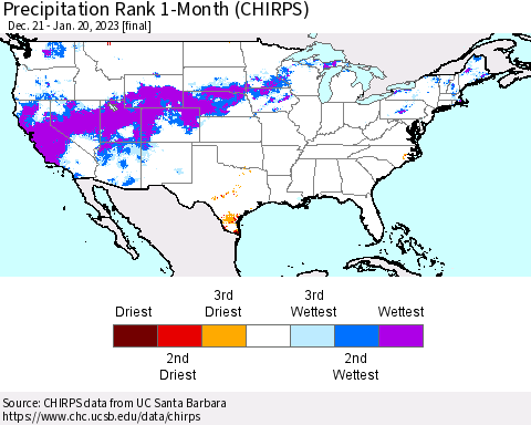 United States Precipitation Rank 1-Month (CHIRPS) Thematic Map For 12/21/2022 - 1/20/2023
