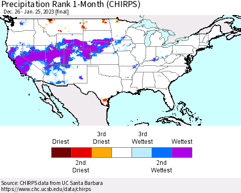 United States Precipitation Rank since 1981, 1-Month (CHIRPS) Thematic Map For 12/26/2022 - 1/25/2023