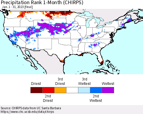 United States Precipitation Rank since 1981, 1-Month (CHIRPS) Thematic Map For 1/1/2023 - 1/31/2023