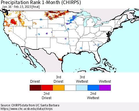 United States Precipitation Rank 1-Month (CHIRPS) Thematic Map For 1/16/2023 - 2/15/2023