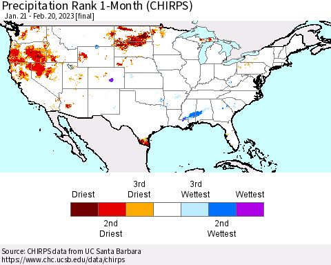 United States Precipitation Rank since 1981, 1-Month (CHIRPS) Thematic Map For 1/21/2023 - 2/20/2023