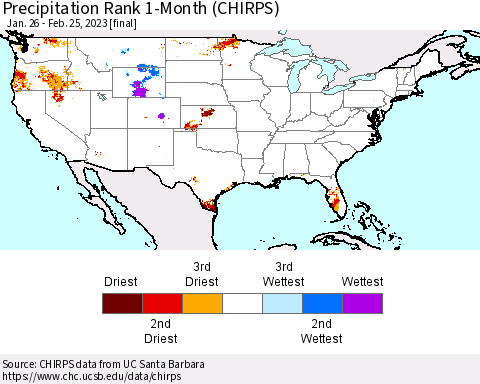 United States Precipitation Rank 1-Month (CHIRPS) Thematic Map For 1/26/2023 - 2/25/2023