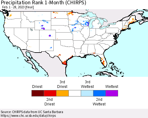 United States Precipitation Rank since 1981, 1-Month (CHIRPS) Thematic Map For 2/1/2023 - 2/28/2023